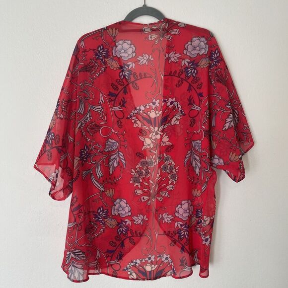 Red Purple Floral Kimono Size L  Mesh Sheer Bohemian Colorful Beach Swim Cover - Picture 2 of 4